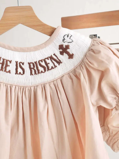 He Is Risen Hand- Smocked Heirloom Bloomer Set