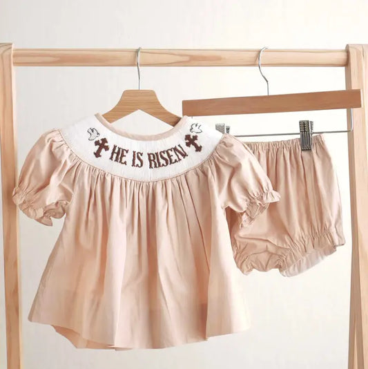 He Is Risen Hand- Smocked Heirloom Bloomer Set